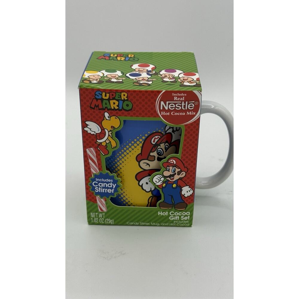 Super Mario Ceramic Coffee Mug With Hot Cocoa Mix & Candy Stir Stick ~Unopened~